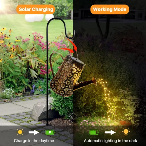 Vista 2 de Regadera solar para exteriores con luces, decoración de jardín, grandes faroles solares colgantes, impermeables, LED, decorativas, retro, de metal