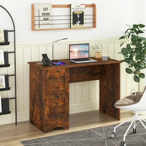 Vista 2 de Tangkula Escritorio para computadora con cajones y estación de carga, escritorio de madera para oficina en casa, escritorio para computadora Marrón