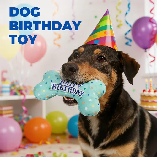 Vista 5 de Prime Pets Juguetes de cumpleaños para perros, paquete de 3, set de juguetes para perros chirriantes y con sonido, juguetes para mascotas
