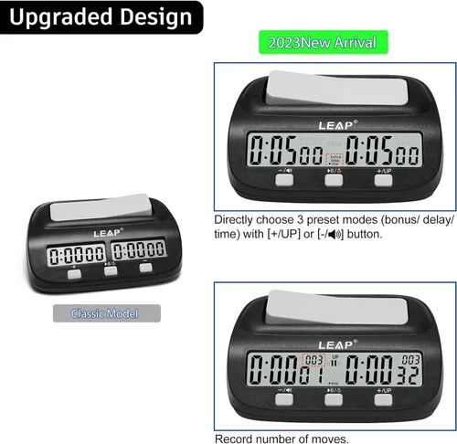Vista 3 de LEAP Reloj de ajedrez digital con temporizador de ajedrez profesional con bonificación de tiempo y características de retardo ideal para ajedrez