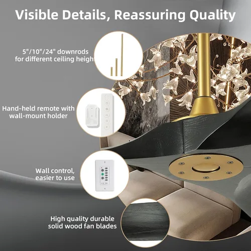 Vista 6 de 52 Inch Black and Gold Ceiling Fan with Wall Control Switch and Remote Control, Modern Outdoor Ceiling Fans No Lights, 3 Blade Wood Propeller