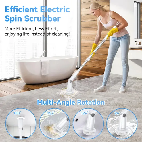 Vista 2 de Limpiador eléctrico giratorio, cepillo de limpieza inalámbrico con 8 cepillos limpiadores reemplazables, limpiador de ducha eléctrico con mango