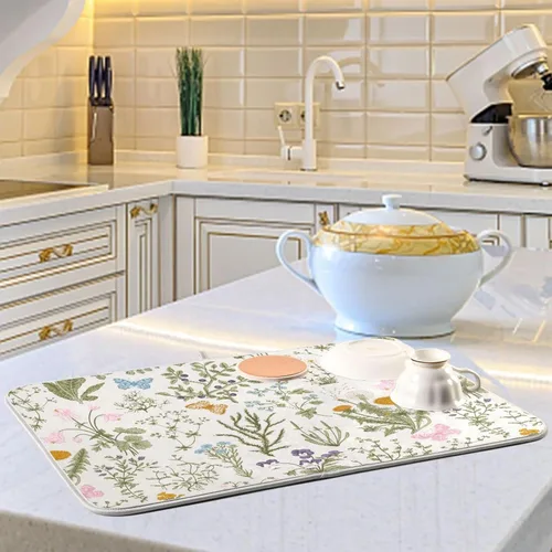 Vista 2 de Alfombrilla de secado de platos con flores botánicas y mariposas para encimera de cocina, absorbente, almohadilla de secado de microfibra, mediana