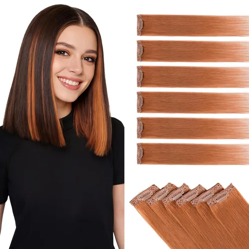 Benehair 6 extensiones de cabello humano con clip, color castaño oscuro, corto, lacio, con reflejos de color arcoíris, para fiestas, 10 pulgadas