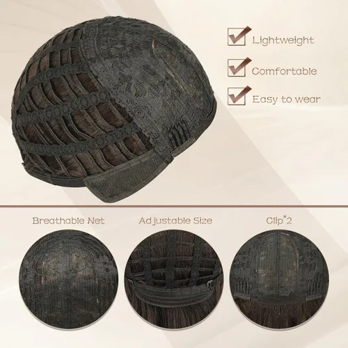 Vista 6 de SOFEIYAN Pelucas largas de color marrón para mujer, peluca de cabello sintético en capas con flequillo, peluca de onda natural, peluca sintética