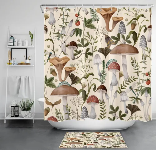 Vista 15 de HVEST 70s Mushroom Shower Curtain, Various Mushrooms and Leaves on Beige Background Bathroom Curtain with Hooks, Vintage Plant Bath Polyester Fabric