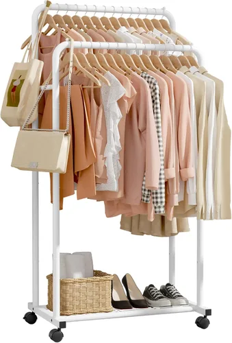 Vista 11 de Sakugi Perchero de Ropa - Perchero de ropa con estante de malla de almacenamiento y ruedas, perchero de metal resistente para colgar ropa, vestidos