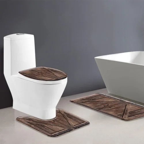 Vista 2 de Juego de 3 tapetes de baño rústicos para puerta de granero, estilo vintage, tablero de madera, estilo retro, estilo occidental, tapete de baño