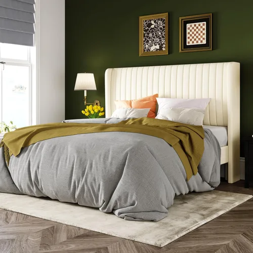 Vista 17 de Allewie Marco de cama de tamaño matrimonial/plataforma tapizada de terciopelo, cabecero con alas capitoné de canal vertical/listones de madera Verde