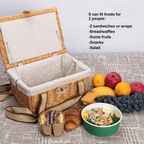 Vista 5 de JOLLY HOME Cesta de picnic para 2 personas, cesta de picnic de mimbre hecha a mano con dos asas de lona tejida y forro de lino lavable, cesta