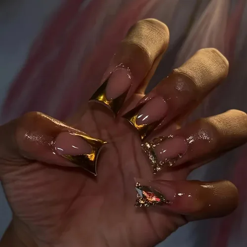 Vista 14 de 24 uñas de pato a presión con diamantes de imitación francesas, uñas postizas estilo pies de pato, uñas postizas de primavera y verano con diseños