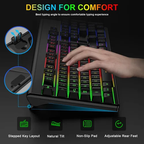 Vista 5 de Teclado y mouse inalámbricos para juegos, teclado inalámbrico recargable con retroiluminación arcoíris y mouse ergonómico con iluminación