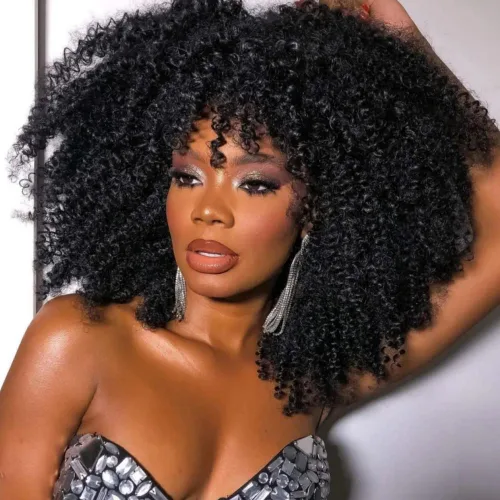 Vista 10 de Peluca afro rizada con flequillo, peluca corta rizada para mujer, peluca sintética rizada marrón degradado, longitud al hombro, peluca afro sin