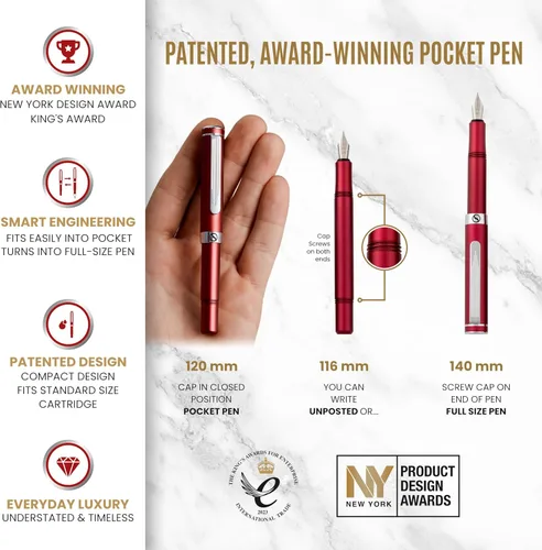 Vista 4 de Scriveiner - Pluma fuente de lujo EDC (fina), impresionante bolsillo EDC rojo mate con acabado cromado, punta alemana Schmidt, convertidor, un gran