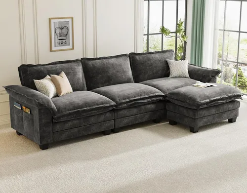 Vista 33 de KKL Sofá cama modular seccional, sofá de nube de 4 plazas con otomana, sofás seccionales de felpilla para sala de estar, apartamento, beige