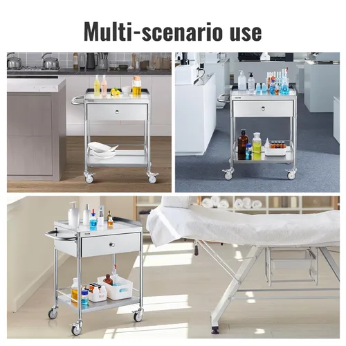 Vista 6 de VEVOR Carrito médico, carrito de acero inoxidable de 2 capas con capacidad de peso de 220 libras, carrito de utilidad de laboratorio con ruedas
