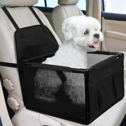Vista 9 de PetsHome Asiento de coche para perros plegable, asiento elevador de coche para perros impermeable y transpirable Oxford, bolsa de viaje para perros