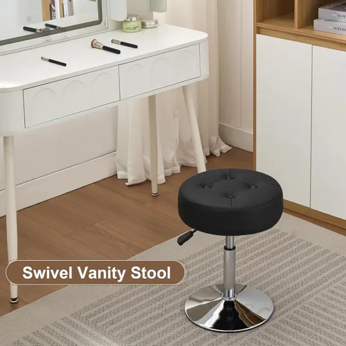 Vista 4 de Taburete Otomano Giratorio Silla para Sala de Maquillaje Taburete para Silla de Tocador Altura Ajustable Cuero Sintético Negro