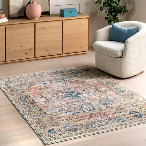 nuLOOM Marley Medallion - Alfombra de área de 4 x 6 pies para sala de estar, dormitorio, comedor, cocina, azul/beige