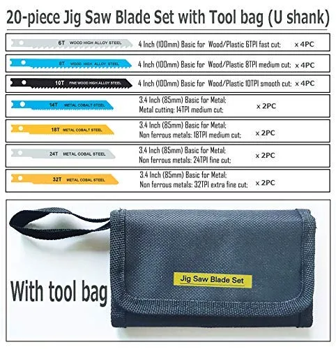 Vista 2 de Juego de hojas de sierra de calar universales de 20 piezas para cortar madera, plástico y metal con bolsa de herramientas, diseño universal que se
