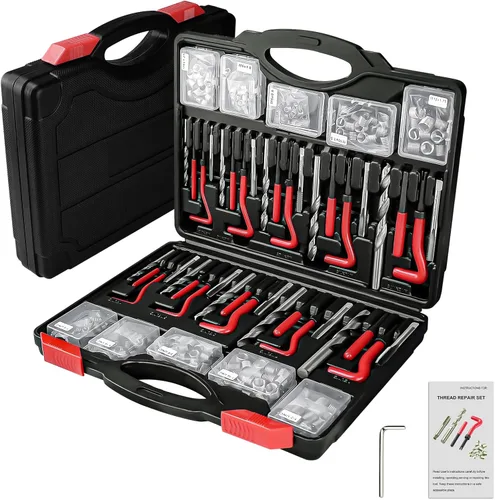 Vista 2 de Kit de reparación de roscas Helicoil, 261 piezas Kits reparadores de rosca Taladro HSS Kit Helicoil, herramienta de reenhebrado con medidor