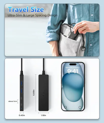 Vista 8 de Aceele Divisor USB Hub 3.0 con 2 USB-C y 2 USB-A, adaptador extensor multipuerto ultrafino de 4 puertos con cable de extensión de 4 pies de largo