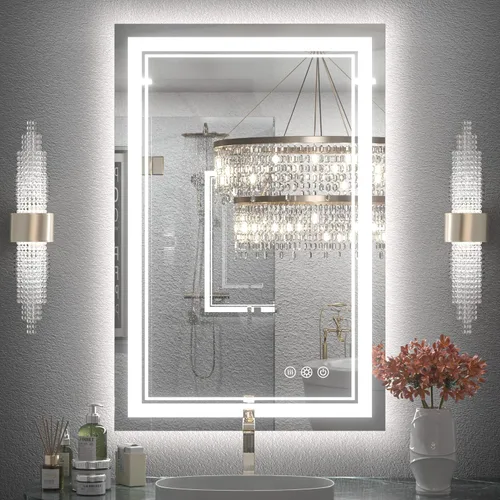 Vista 22 de Espejo de baño LED Keonjinn de 40" x 24" con iluminación frontal y trasera, 3 temperaturas de color continuas y espejo de tocador regulable