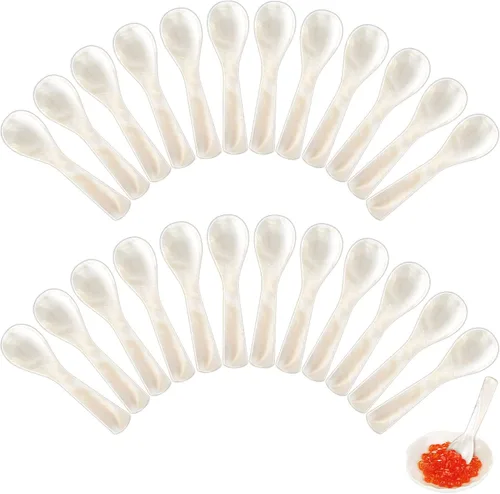 Vista 8 de Cucharas de Caviar de Nácar Cucharas MOP con Artesanía Manual con Mango Redondo para Caviar, Huevo, Helado, Sal, Servir Café, Juego de Servir