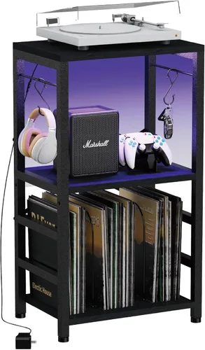 Vista 12 de YAKANJ Mesa Auxiliar con Soporte para Guitarra, Soporte para Tocadiscos, Almacenamiento para Discos de Vinilo, Soporte de 2 Niveles para Guitarra