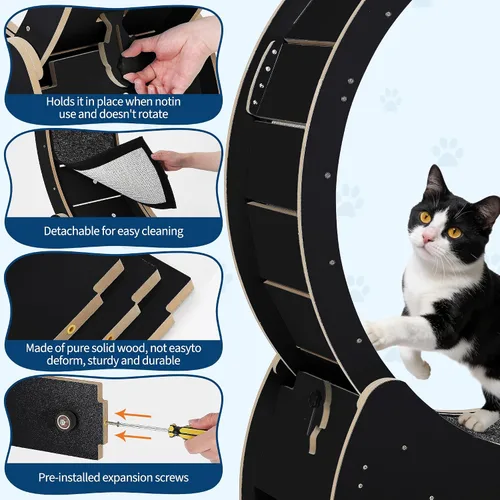 Vista 5 de Cat Exercise Wheel Wooden Running Treadmill with Carpeted Runway for Indoor Black