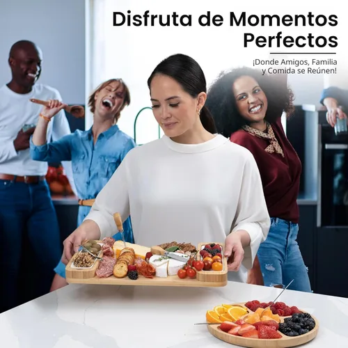 Vista 8 de Tablas de charcutería – Juego de regalo grande de tabla de queso de bambú con bandeja para servir, cuchillos y cuencos para carne, queso y galletas