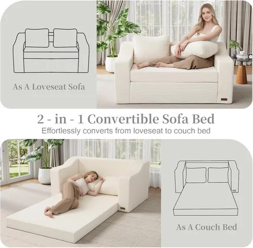Vista 4 de MeMoreCool Convertible Sofa Bed, Pull Out Loveseat Sofa Sleeper Couch for Bedroom Living Room Lounge, 2 in 1 Small Couch Bed with Pillow, Foldable