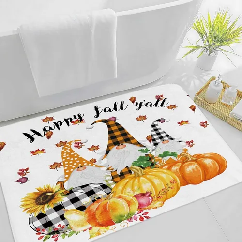 Fall Bath Mat for Bathroom, Autumn Sunflower Pumpkin Gnome Design Thanksgiving Shower Rugs, Maple Tree Leaves Farmhouse Home Decor Bathroom Rugs