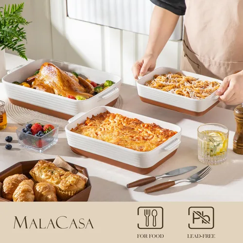 Vista 3 de MALACASA Fuentes para horno, Juego de 3 fuentes de cerámica para hornear, Juego de fuentes para hornear, Bandeja rectangular para lasaña profunda