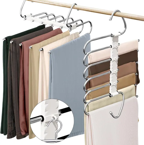 Vista 18 de Perchas para pantalones de 9 niveles que ahorran espacio, paquete de 2 organizadores multifuncionales de acero inoxidable para armario para Blanco