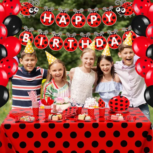 Vista 6 de Sumind 200 piezas de decoraciones de fiesta de cumpleaños de mariquitas, suministros para fiesta temática de mariquitas, globos, vajilla, pancarta