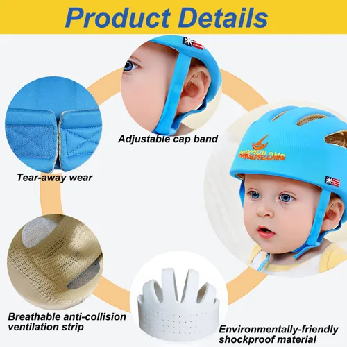 Vista 6 de Casco ajustable para bebé, gorra de arnés de cojín suave para niños, sombrero para niños pequeños cuando aprendes a gatear y jugar a caminar (azul)