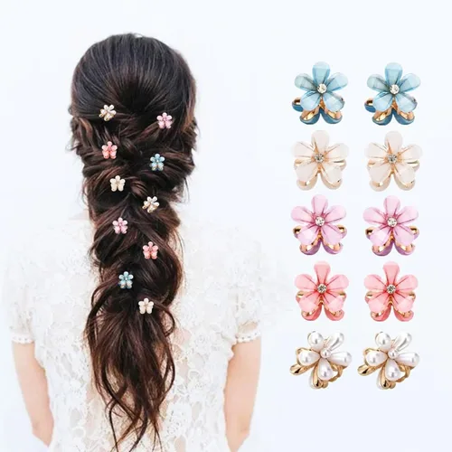 10 pinzas para el cabello en forma de flor para niñas, pasadores de pelo de cristal multicolor para peinados de trenzas largas, horquilla de perlas