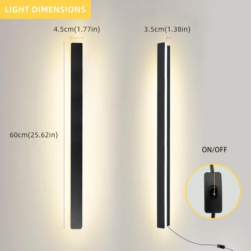 Vista 3 de KELUOLY Apliques de pared modernos enchufables, 23.6 pulgadas, luces LED de pared largas negras esmeriladas, lámpara de pared acrílica de 12 W