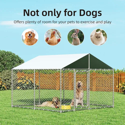 Vista 6 de Perrera para perros de 7.8 x 7.8 pies para exteriores, resistente, con cubierta impermeable, techo y valla de acero con cerradura de seguridad