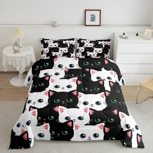 Feelyou Juego de edredón para niños, diseño de gatos de dibujos animados, tamaño twin, lindo juego de ropa de cama de gatitos para adolescentes,