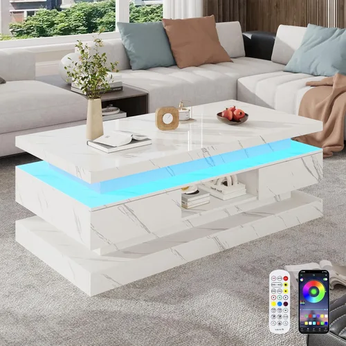 Vista 10 de Mesa auxiliar moderna de 47.2 pulgadas con alto brillo LED y 2 cajones deslizantes, mesas centrales de doble capa con luces LED para muebles de sala