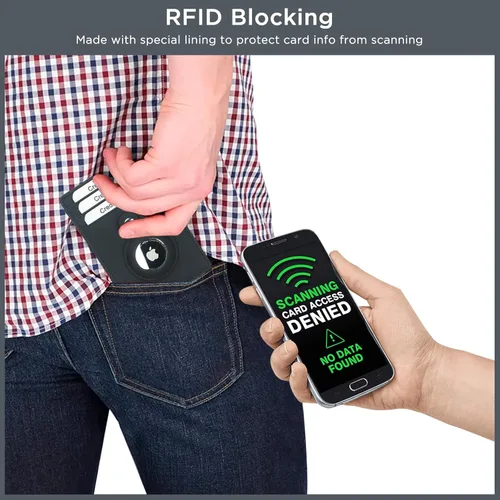 Vista 5 de Cartera de cuero de grano completo para hombres, clip magnético para dinero con soporte AirTag, bolsillo frontal con bloqueo RFID, Negro -, Cartera