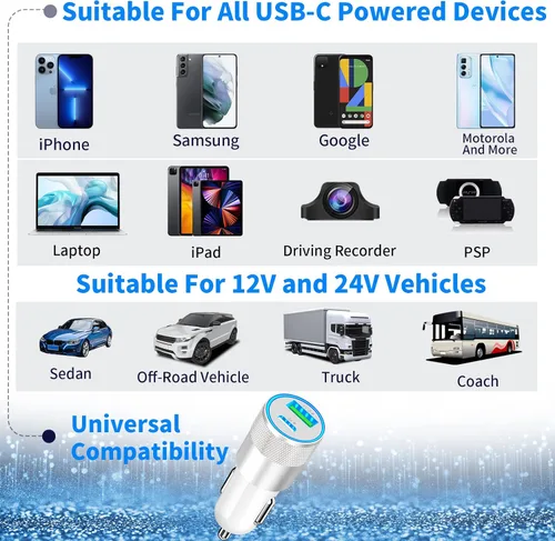 Vista 7 de Apple MFi Certified iPhone USB-C Fast Car Charger, GODMADES 48W Type-C Power Dual PDQC 3.0 Car Charger Adapter + 2 Pack Lightning Cable Quick Car