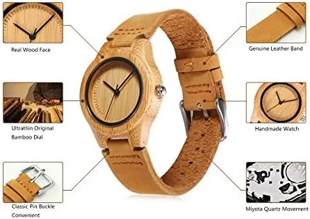 Vista 3 de CUCOL Women's Walnut Wood Wooden Cowhide Leather Strap Watch Wooden Case Analog Quartz Wristwatch with Gift Box