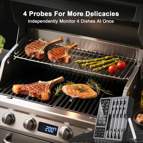 Vista 3 de Termómetro inalámbrico para carne con 2 sondas y rango de 800 pies – Termómetro inteligente Bluetooth para parrilla de barbacoa con base