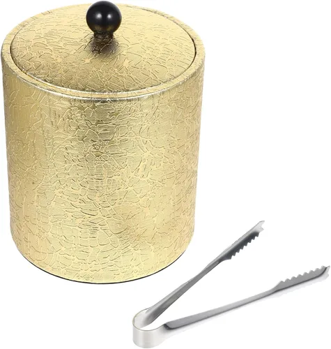 BESTonZON Cubo de hielo con tapa hermética, cubo de hielo con tapa de cuchara, enfriador de tina de bebidas, cubo de hielo dorado con tapa,
