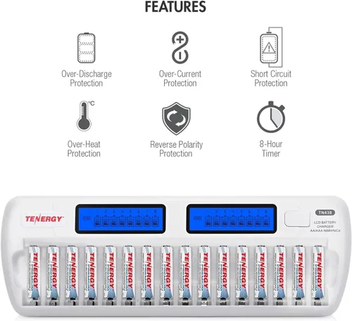 Vista 9 de Tenergy TN438 16-bay auto-detectar AA/AAA NIMH/NICD Protección integrado IC LCD Inteligente cargador de batería