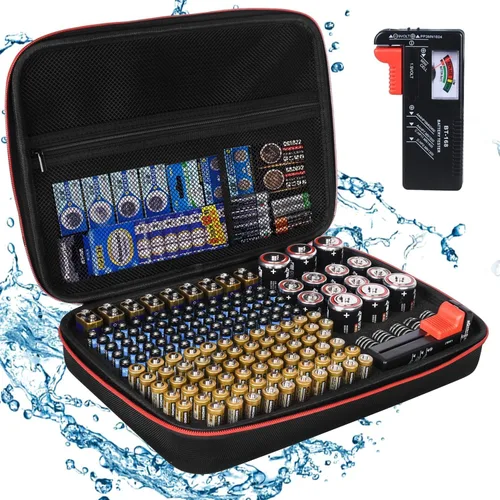 Estuche organizador y soporte de almacenamiento de baterías con probador, bolsa de transporte impermeable, caja de seguridad para baterías para