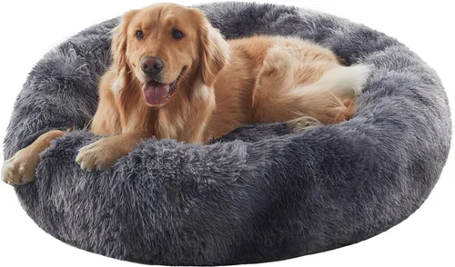Vista 33 de Cama para perros pequeños con forma de dona de 23 pulgadas – Cama redonda calmante lavable para cachorros con funda extraíble, cama de felpa